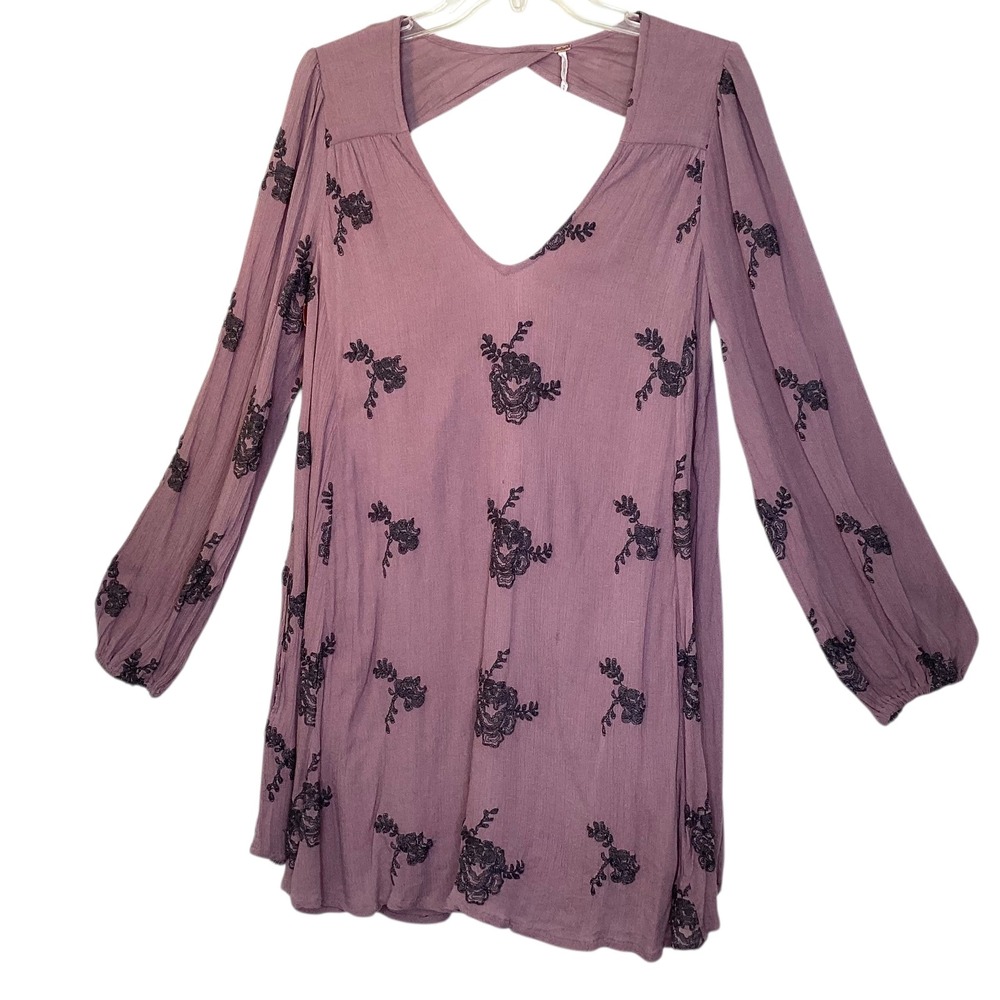 Free People Austin Dress Sz M Mauve Embroidered Mini Open Back Boho Festival EUC - Picture 2 of 9